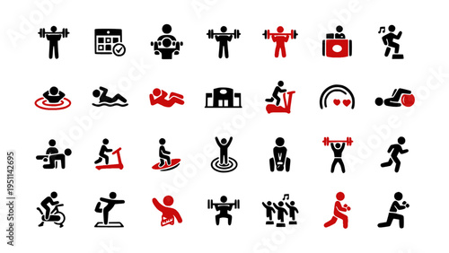 Icons representing gym exercises, workouts, strength training, and healthy lifestyle activities.