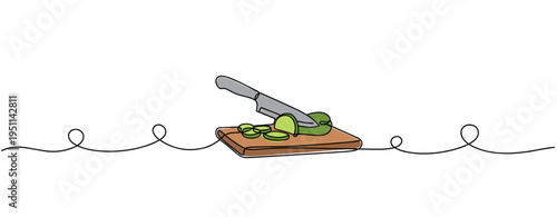 Knife slicing cucumber on wooden cutting board in kitchen. no editable strokes
