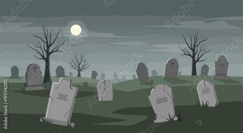 Spooky graveyard scene under a full moon with weathered tombstones and bare trees