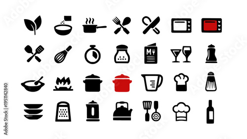 Flat icons featuring kitchen tools, cooking equipment, food preparation, and culinary elements.