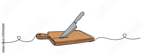 Kitchen knife placed on wooden cutting board on white surface. no editable strokes