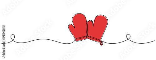 Pair of mittens placed on looping continuous line surface. no editable strokes