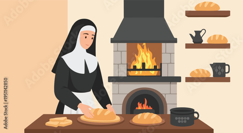 Nun in apron baking bread next to a warm hearth, with loaves on shelves