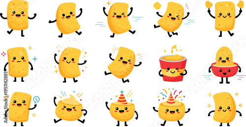 Cute potato chips characters vector set with funny snack mascots, happy faces, dancing poses, party elements and colorful cartoon food illustrations in playful style