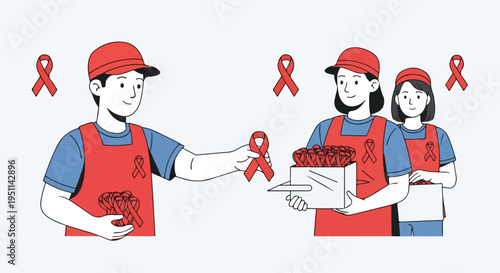 Volunteers wearing red aprons distribute red awareness ribbons from boxes