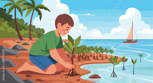 Child planting mangrove saplings on a sandy shore with palm trees and a sailboat