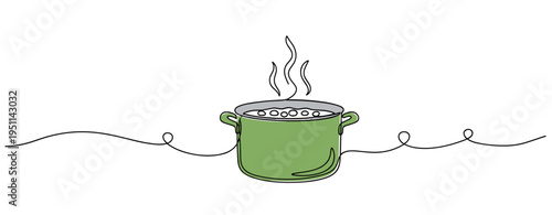 Cooking pot steaming on continuous line kitchen background. no editable strokes