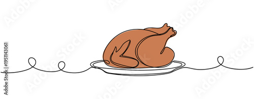 Roasted turkey placed on platter in minimal line illustration. no editable strokes