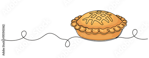 Pie resting on continuous line in minimal white background. no editable strokes