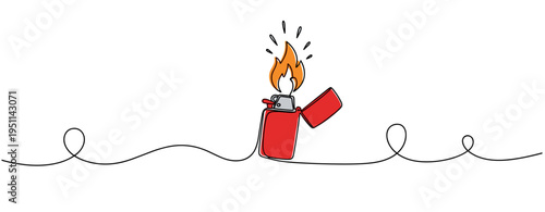 Lighter producing flame indicating ignition on continuous line. no editable strokes