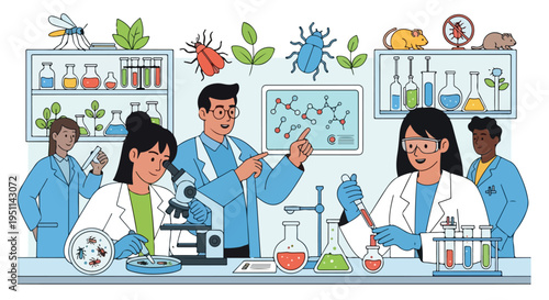 Scientists in lab coats study insects and molecules with microscopes and test tubes