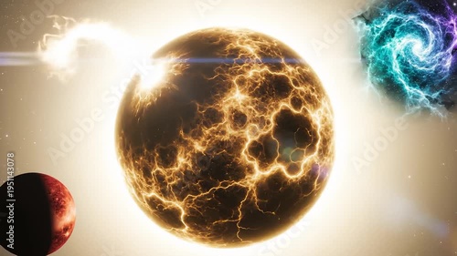 Fiery Planet Exploding With Energy in Deep Space With Nebula and Moon