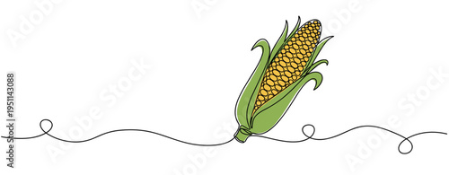 Ear of corn with husk displayed in minimalist line drawing. no editable strokes
