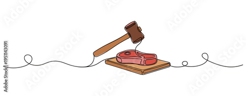 Steak being tenderized with meat mallet on cutting board. no editable strokes