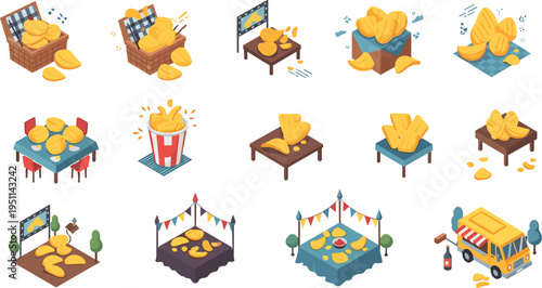 Isometric potato chips scenes vector set with snack tables, packaging, outdoor stalls, cinema, picnic and street food elements in modern colorful flat illustration style