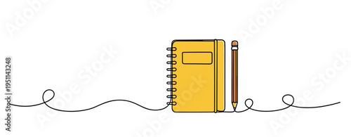 Spiral notebook and pencil placed on white minimal background. no editable strokes