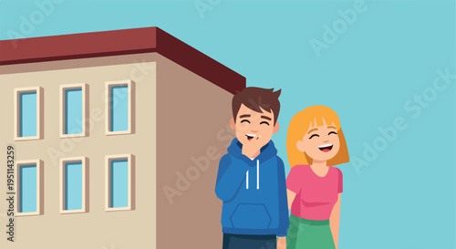 Two cheerful young people stand outside a building on a bright day
