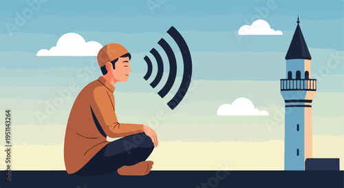 Peaceful meditation by a mosque tower under a cloudy sky