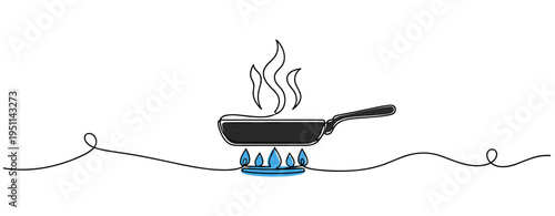 Frying pan steaming over gas burner on stovetop kitchen surface. no editable strokes