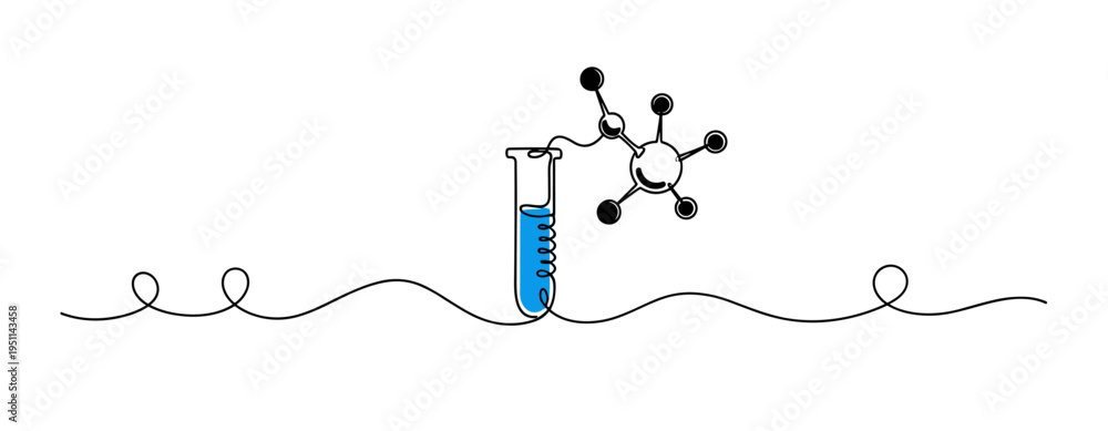 Fototapeta premium Test tube and molecule displaying blue solution on white line background. no editable strokes