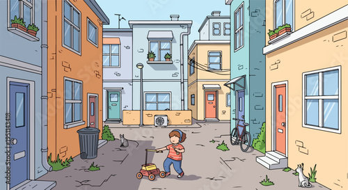 Child plays with toy lawnmower in a back alley with buildings, cats, and a bike