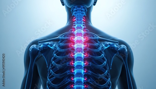 3D medical illustration of glowing human spine highlighting back pain and skeletal health