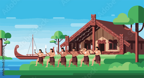 Stylized flat illustration of Maori culture with warriors and a traditional meeting house
