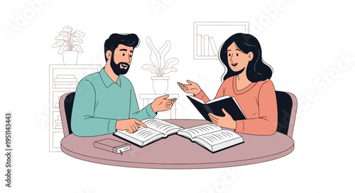 Two people at a table, engaged in reading and discussion, surrounded by books and plants