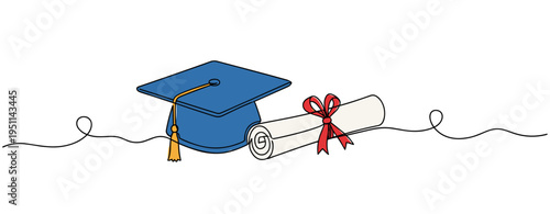 Graduation cap and diploma resting on continuous line background. no editable strokes
