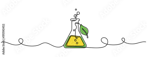 Laboratory flask containing yellow liquid with leaf in line art. no editable strokes