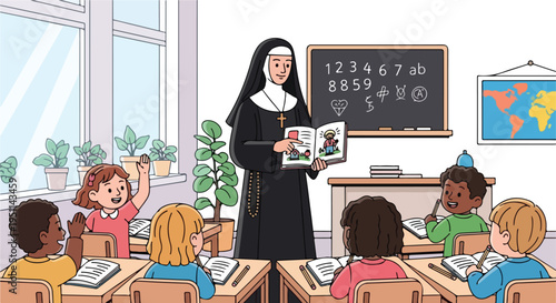 A nun in traditional habit teaches a diverse group of young students in a bright classroom