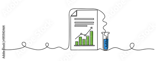Financial report and test tube shown on continuous line concept. no editable strokes