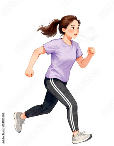 Watercolor illustration of a young woman jogging, transparent background. Active lifestyle and fitness concept, Vector illustration for health and training projects.
