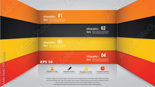 4-Step Modern Architectural Perspective Infographic Template. Vector Illustration of Horizontal Data Banners Receding into a 3D Room Corner.