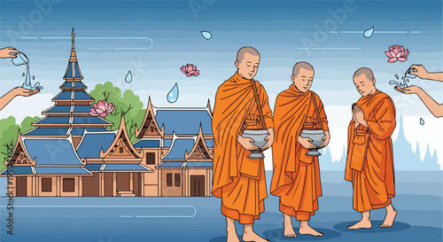 Monks in orange robes receive alms outside a traditional temple