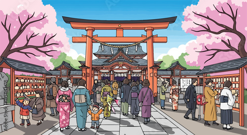 People visit a shrine under cherry blossoms and a torii gate