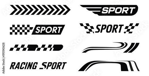 Racing stripe graphics with checkered patterns, vibrant red, blue, and black motorsport decals, dynamic speed line elements, modern vector designs