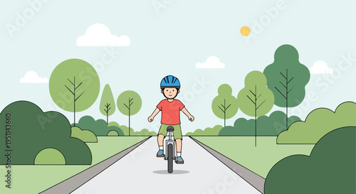 A boy in a helmet rides a unicycle on a path through a park with trees and clouds