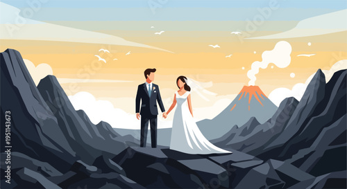 Couple in wedding attire stands hand-in-hand on rocky terrain with a volcano