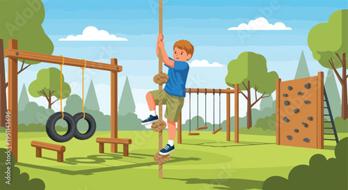 A young boy climbs a rope in a playground with swings, tires, and a climbing wall
