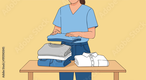 Person folding neatly stacked clothes on a table with a solid background