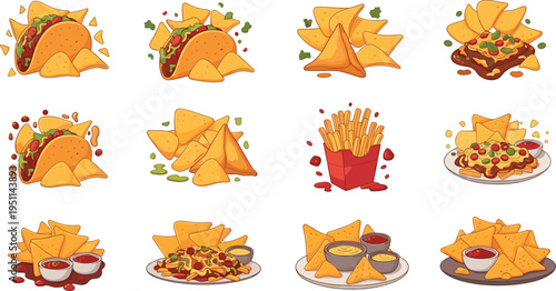 Mexican nachos and tortilla chips vector set with dips, tacos, fries and loaded snacks, colorful cartoon food collection for menu, poster and branding design