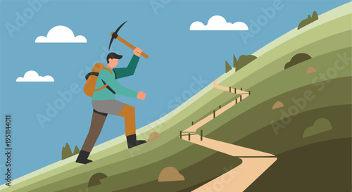 A solitary hiker ascends a winding mountain path with a pickaxe
