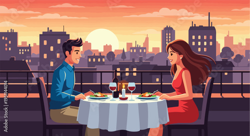 Couple enjoying a romantic rooftop dinner with city skyline at sunset