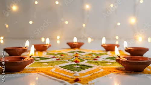 Diwali Rangoli With Oil Lamps and Bokeh Lights, Festive Indian Celebration