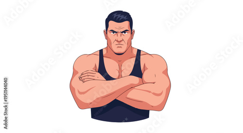 A muscular cartoon man with short dark hair and a black tank top standing with his arms crossed.