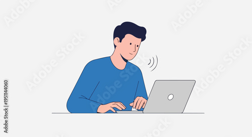 A person wearing a blue sweater typing on a laptop with sound waves emanating from it