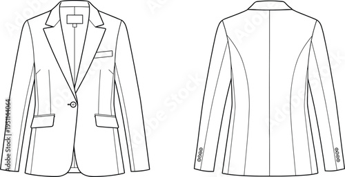 CAD Drawing Flat Vector Illustration of Women's Blazer, Business Jacket Design, Fashion Sketch, Tailored Suit Outline