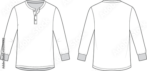 Cad drawing flat vector illustration, long sleeve Henley shirt, fashion sketch, garment design, technical apparel template, clothing blueprint