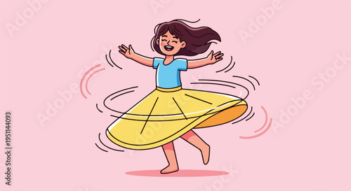 Joyful girl in a yellow skirt twirling with her arms outstretched